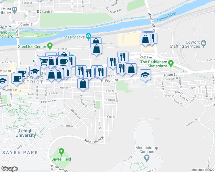 map of restaurants, bars, coffee shops, grocery stores, and more near 836 East 5th Street in Bethlehem