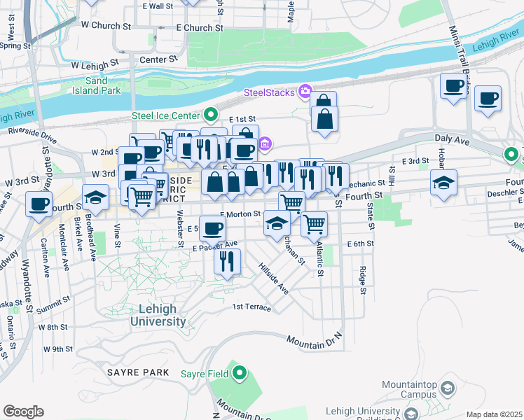 map of restaurants, bars, coffee shops, grocery stores, and more near 602 East 5th Street in Bethlehem