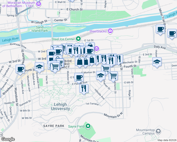 map of restaurants, bars, coffee shops, grocery stores, and more near 429 East 5th Street in Bethlehem