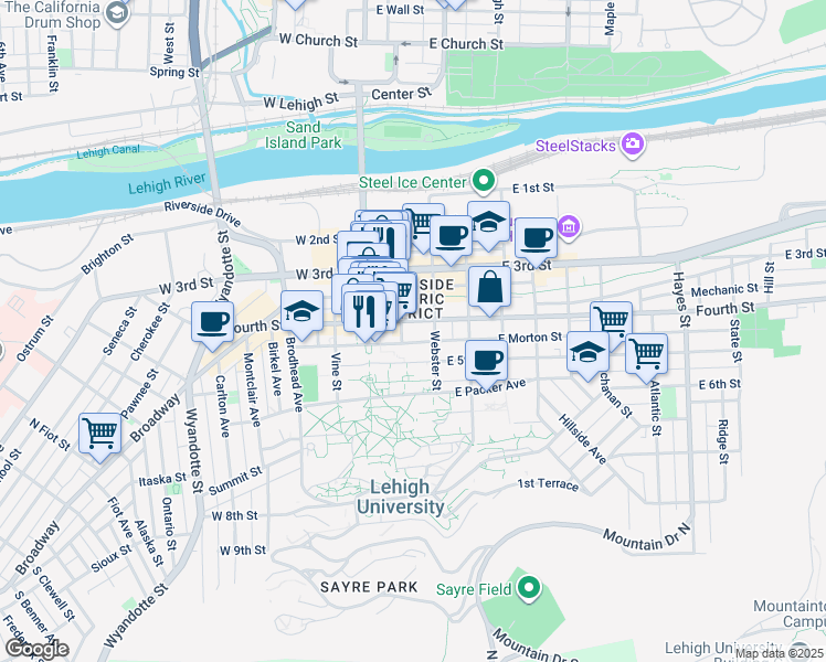 map of restaurants, bars, coffee shops, grocery stores, and more near Asa Drive in Bethlehem