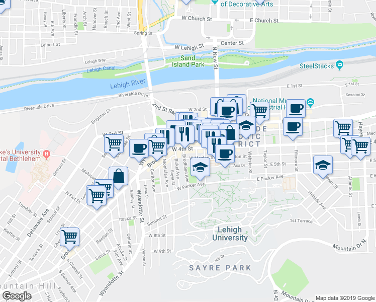 map of restaurants, bars, coffee shops, grocery stores, and more near 19 Brodhead Avenue in Bethlehem