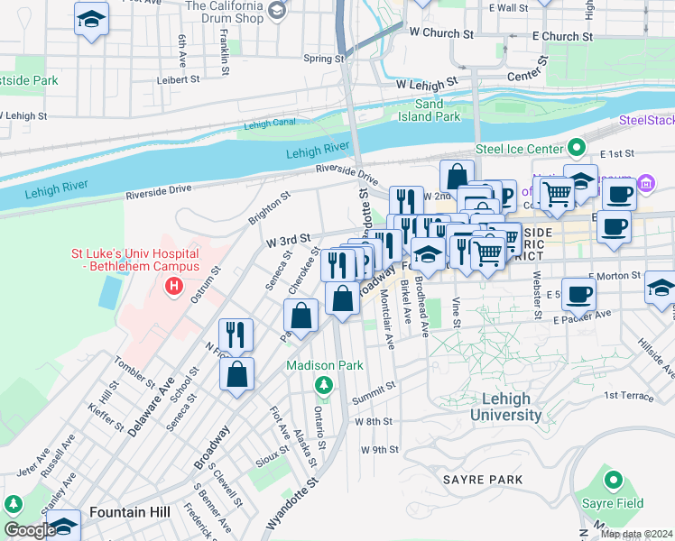 map of restaurants, bars, coffee shops, grocery stores, and more near 430 Wyandotte Street in Bethlehem