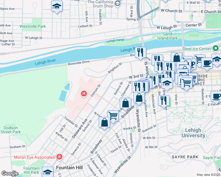 map of restaurants, bars, coffee shops, grocery stores, and more near 512 Seneca Street in Bethlehem