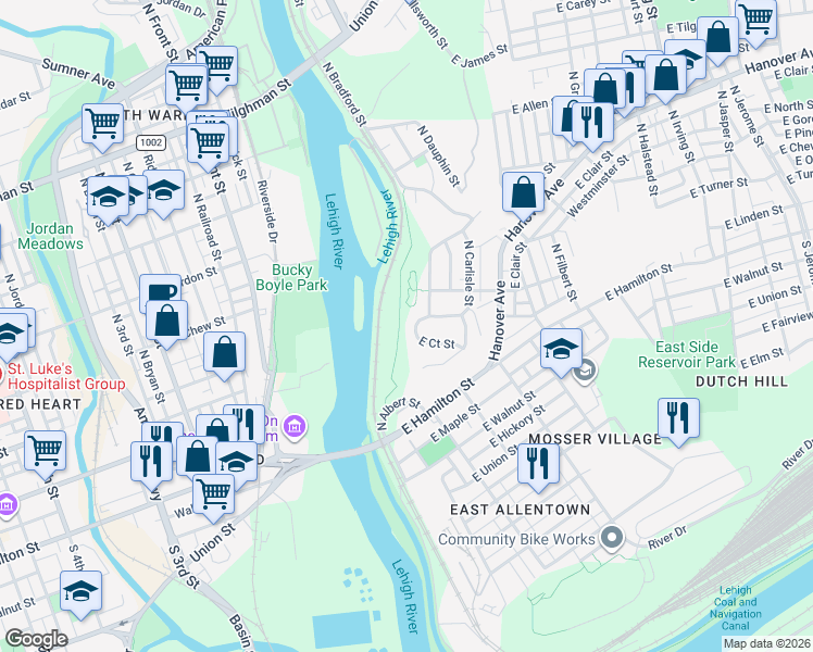 map of restaurants, bars, coffee shops, grocery stores, and more near 218 East Court Street in Allentown