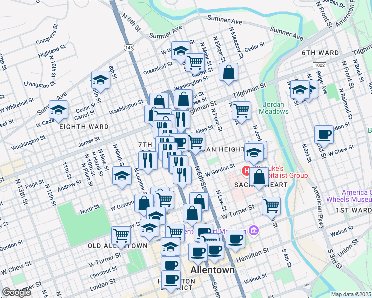 map of restaurants, bars, coffee shops, grocery stores, and more near 507 Park Street in Allentown