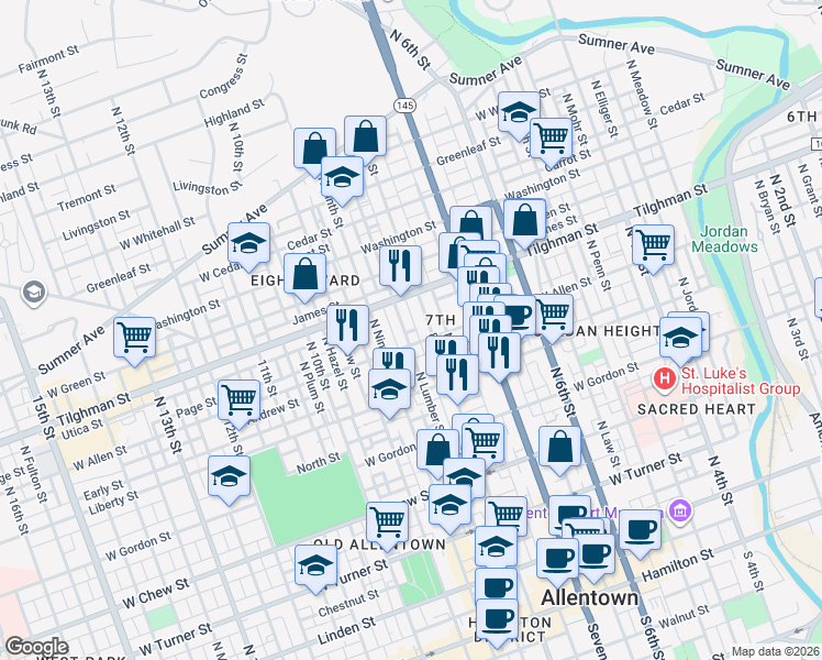 map of restaurants, bars, coffee shops, grocery stores, and more near 826 Allen Street in Allentown