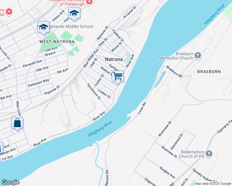 map of restaurants, bars, coffee shops, grocery stores, and more near 127 River Road in Natrona Heights