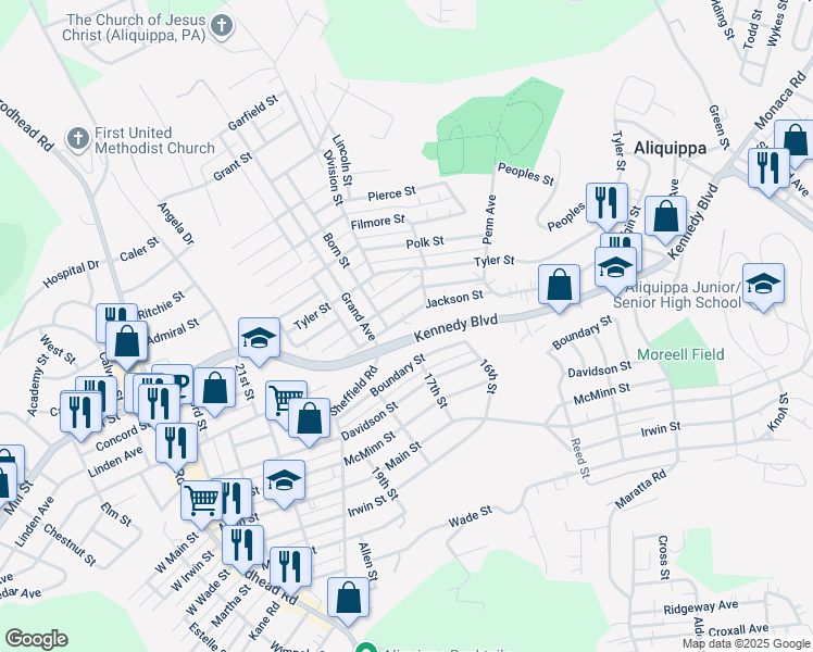 map of restaurants, bars, coffee shops, grocery stores, and more near 1719 Jackson Street in Aliquippa