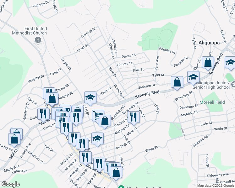 map of restaurants, bars, coffee shops, grocery stores, and more near 1801 Jackson Street in Aliquippa