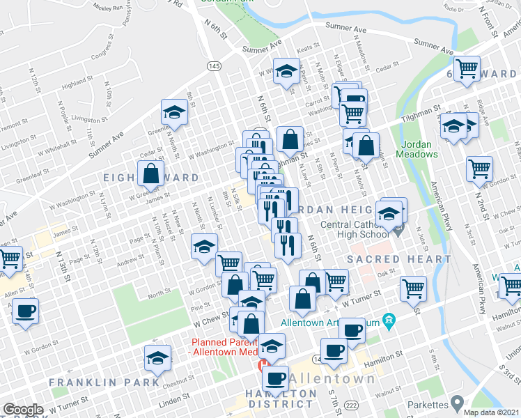 map of restaurants, bars, coffee shops, grocery stores, and more near 540 North 7th Street in Allentown