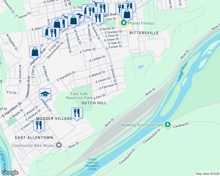 map of restaurants, bars, coffee shops, grocery stores, and more near 964 East Elm Street in Allentown