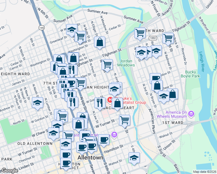 map of restaurants, bars, coffee shops, grocery stores, and more near in Allentown