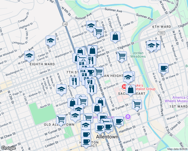 map of restaurants, bars, coffee shops, grocery stores, and more near 507 Park Street in Allentown