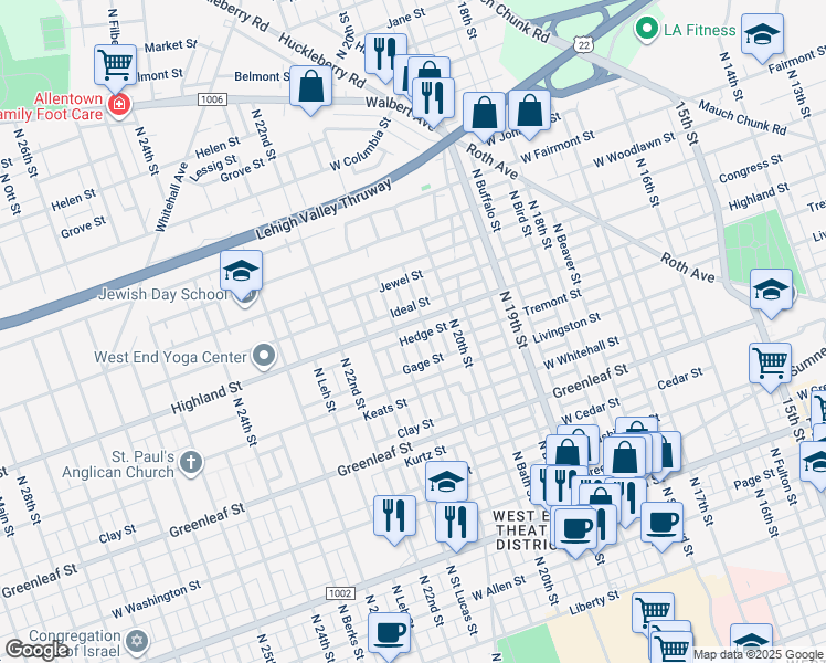 map of restaurants, bars, coffee shops, grocery stores, and more near 2038-2040 West Highland Street in Allentown
