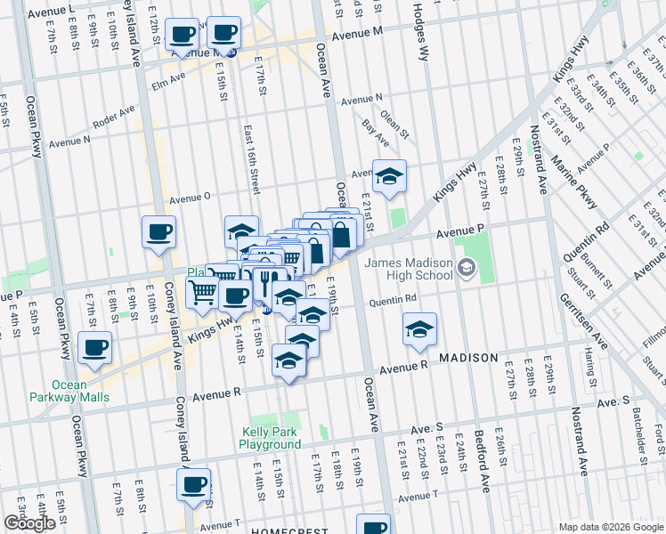map of restaurants, bars, coffee shops, grocery stores, and more near 1661 East 19th Street in Brooklyn