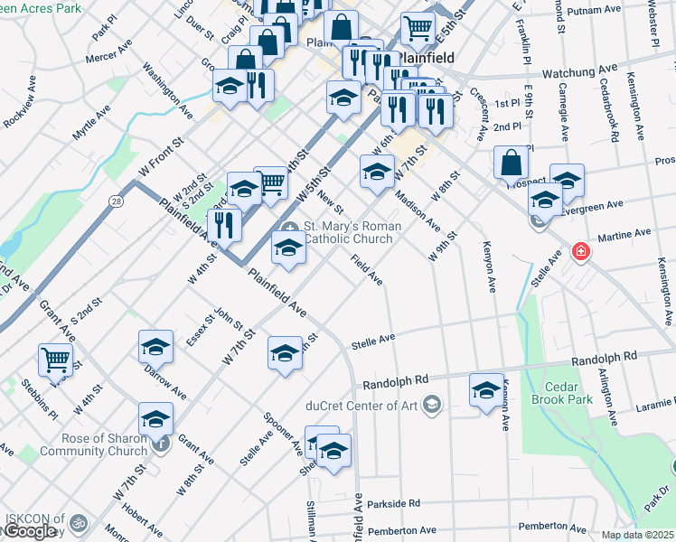 map of restaurants, bars, coffee shops, grocery stores, and more near 717 Liberty Street in Plainfield