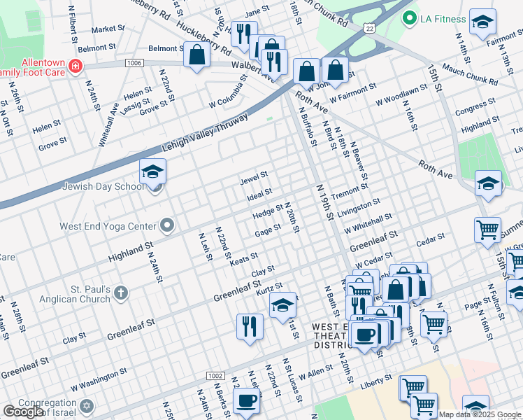 map of restaurants, bars, coffee shops, grocery stores, and more near 2038-2040 West Highland Street in Allentown
