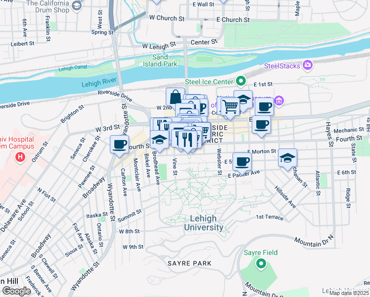 map of restaurants, bars, coffee shops, grocery stores, and more near 6 West 4th Street in Bethlehem