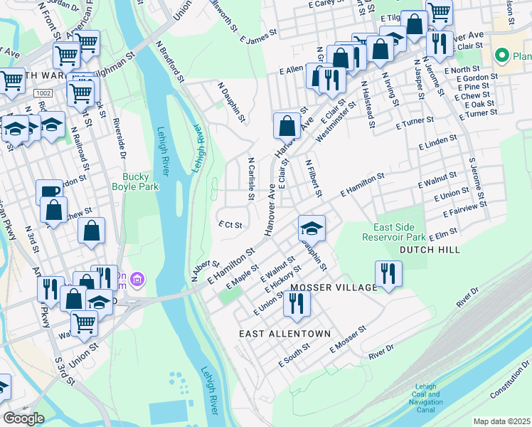 map of restaurants, bars, coffee shops, grocery stores, and more near 337 Hanover Avenue in Allentown