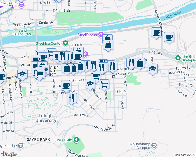 map of restaurants, bars, coffee shops, grocery stores, and more near 723 East Morton Street in Bethlehem