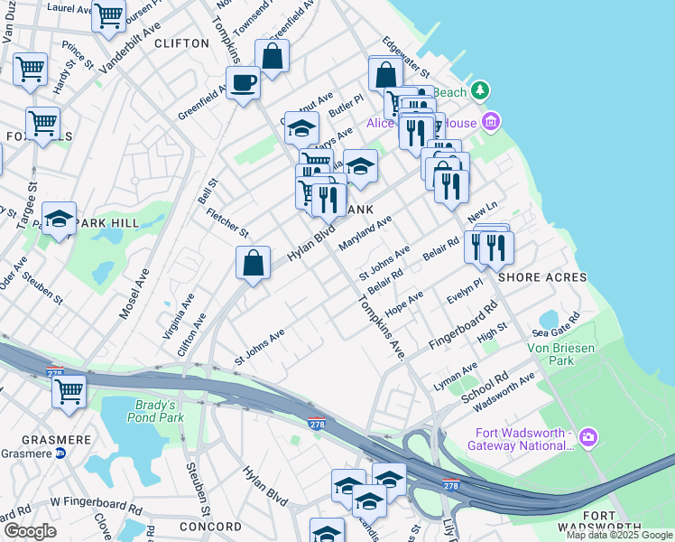 map of restaurants, bars, coffee shops, grocery stores, and more near 180 Saint Johns Avenue in Staten Island