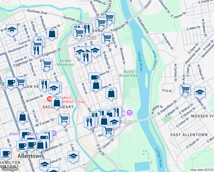 map of restaurants, bars, coffee shops, grocery stores, and more near 145 West Chew Street in Allentown