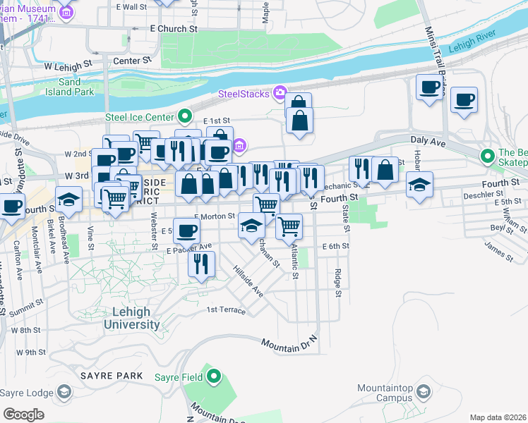 map of restaurants, bars, coffee shops, grocery stores, and more near 419 Buchanan Street in Bethlehem