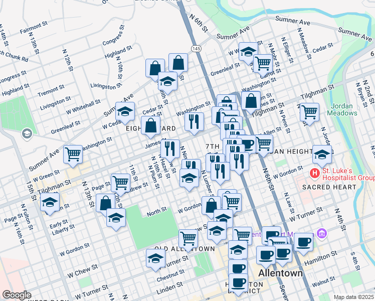 map of restaurants, bars, coffee shops, grocery stores, and more near 623 North 9th Street in Allentown