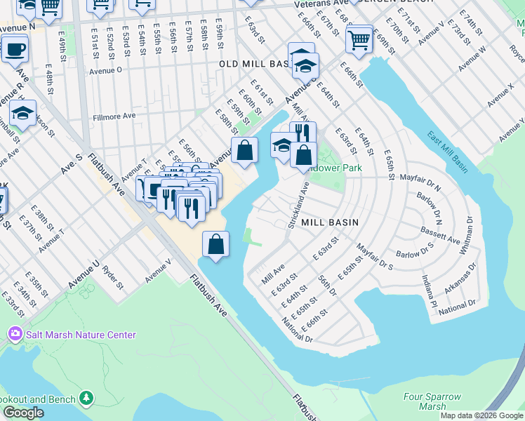 map of restaurants, bars, coffee shops, grocery stores, and more near 100 Harbor View Drive in Brooklyn