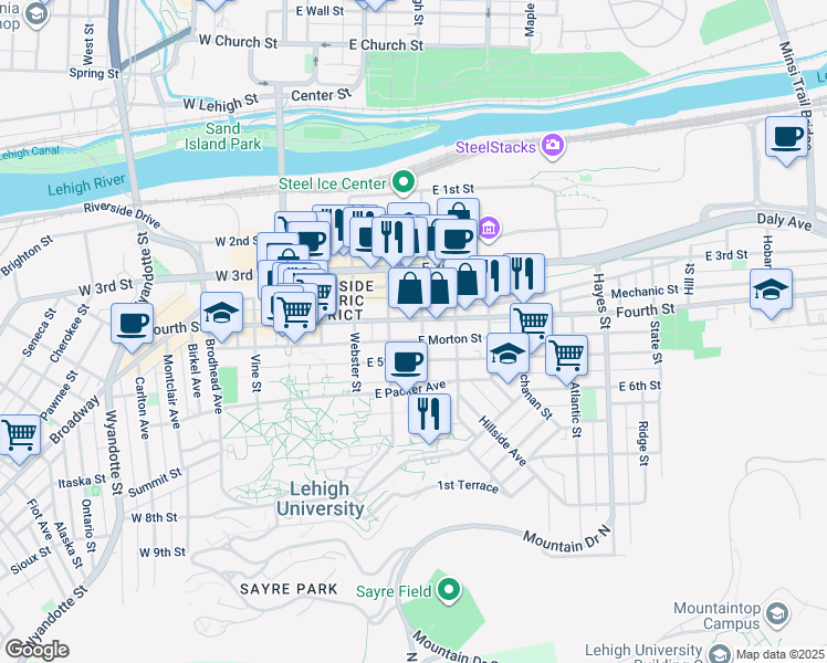 map of restaurants, bars, coffee shops, grocery stores, and more near 324 East 4th Street in Bethlehem