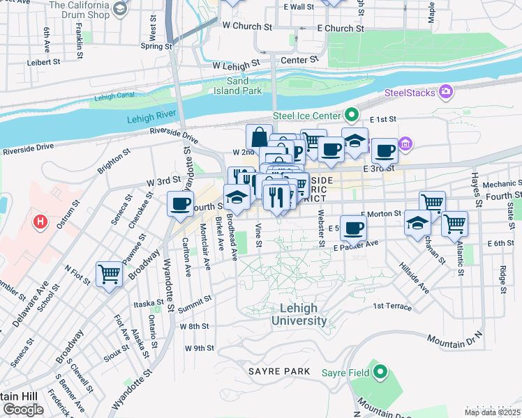 map of restaurants, bars, coffee shops, grocery stores, and more near 30 West 4th Street in Bethlehem