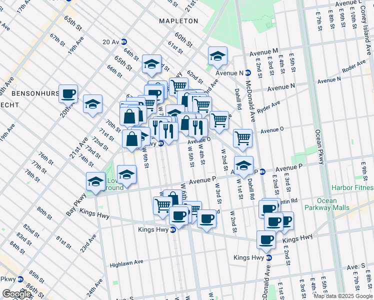 map of restaurants, bars, coffee shops, grocery stores, and more near 1541 West 6th Street in Brooklyn