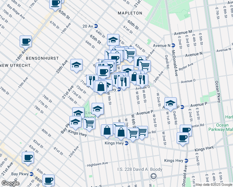 map of restaurants, bars, coffee shops, grocery stores, and more near 1535A West 8th Street in Brooklyn