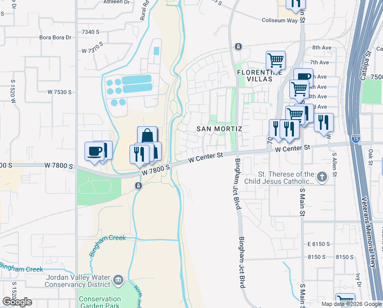 map of restaurants, bars, coffee shops, grocery stores, and more near 1022 Rooftop Drive in Midvale