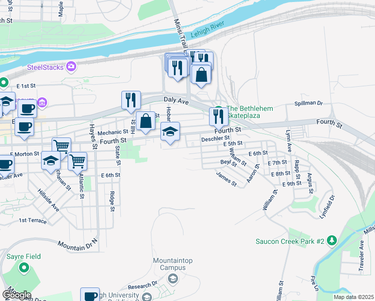 map of restaurants, bars, coffee shops, grocery stores, and more near 1230 East 5th Street in Bethlehem
