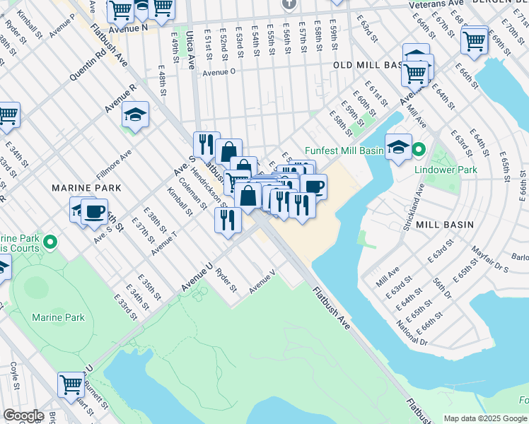 map of restaurants, bars, coffee shops, grocery stores, and more near 2475 Flatbush Avenue in Brooklyn