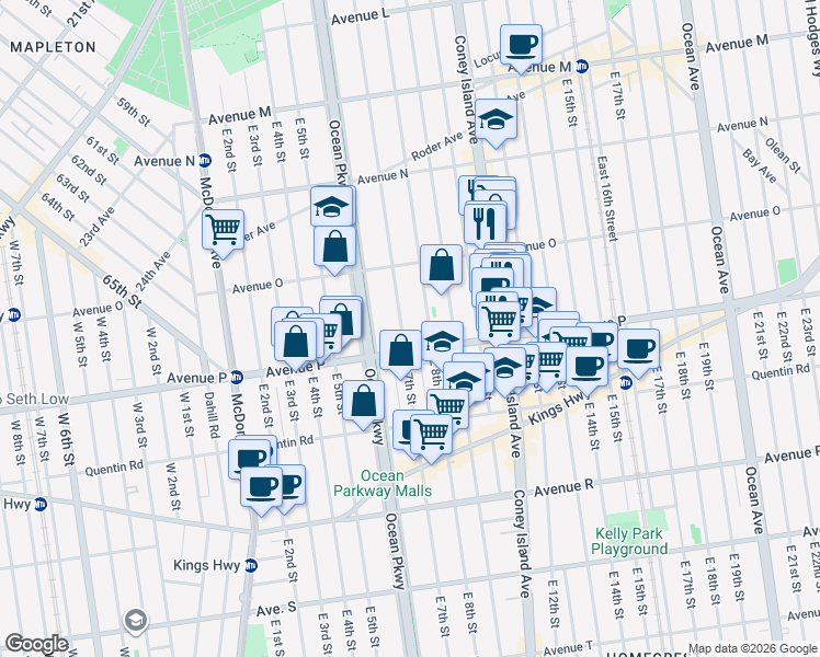 map of restaurants, bars, coffee shops, grocery stores, and more near 1632 East 7th Street in Brooklyn