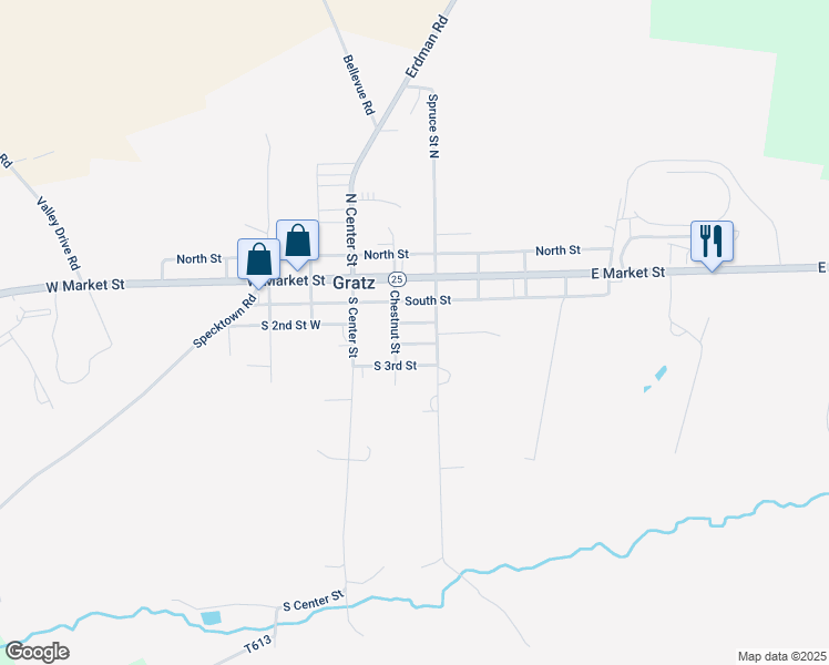 map of restaurants, bars, coffee shops, grocery stores, and more near North 2nd Street in Gratz