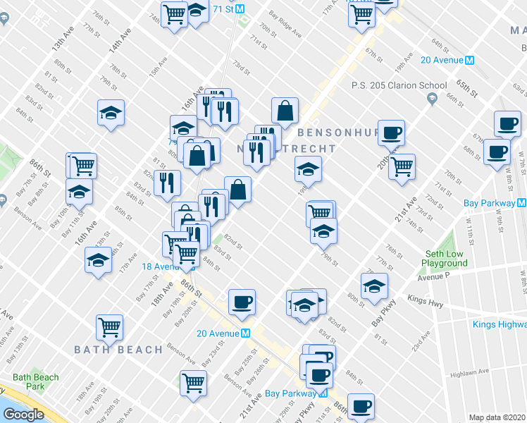 map of restaurants, bars, coffee shops, grocery stores, and more near 1842 79th Street in Brooklyn