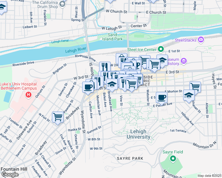 map of restaurants, bars, coffee shops, grocery stores, and more near 128 West 4th Street in Bethlehem