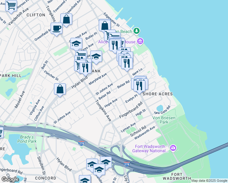 map of restaurants, bars, coffee shops, grocery stores, and more near 7 Clayton Street in Staten Island