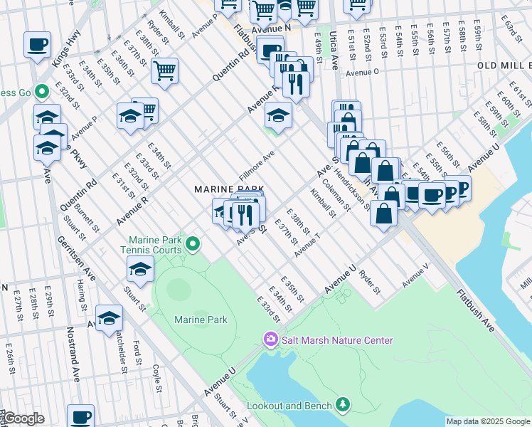 map of restaurants, bars, coffee shops, grocery stores, and more near 1966 East 38th Street in Brooklyn