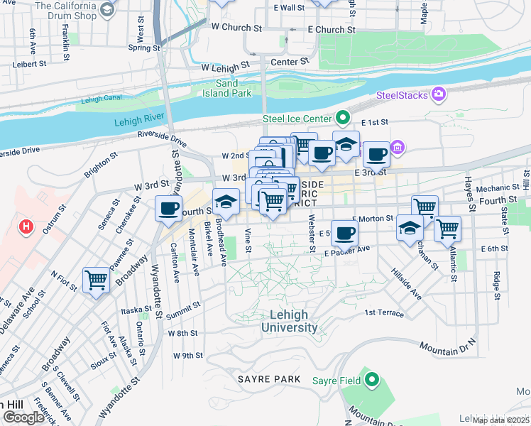 map of restaurants, bars, coffee shops, grocery stores, and more near 6 West 4th Street in Bethlehem