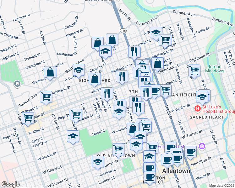 map of restaurants, bars, coffee shops, grocery stores, and more near 845 Tilghman Street in Allentown