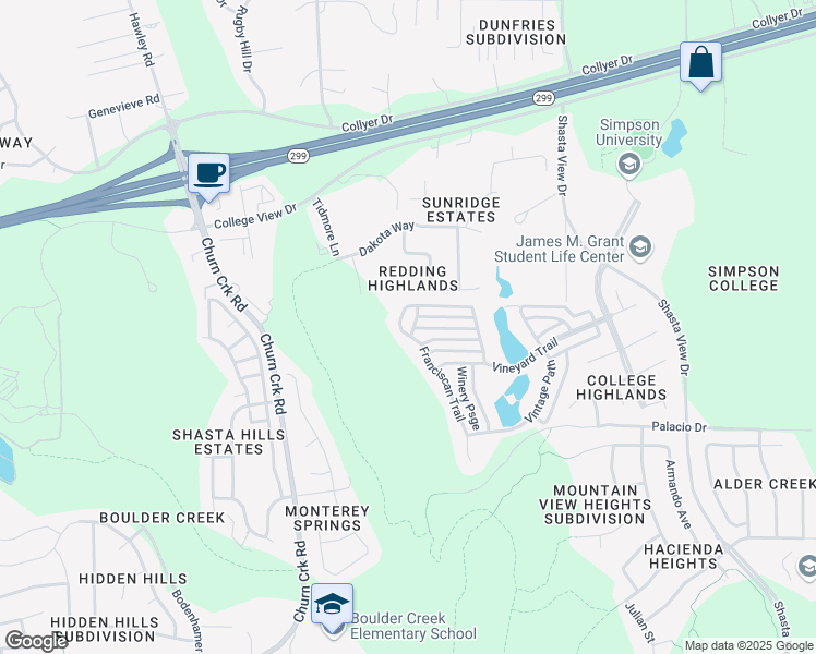 map of restaurants, bars, coffee shops, grocery stores, and more near 151 Franciscan Trail in Redding