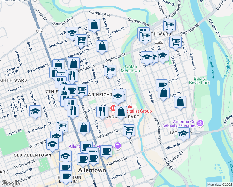 map of restaurants, bars, coffee shops, grocery stores, and more near 398 Liberty Street in Allentown