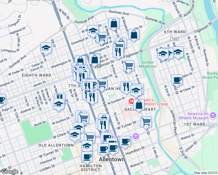 map of restaurants, bars, coffee shops, grocery stores, and more near 513 Liberty Street in Allentown