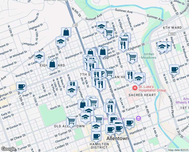map of restaurants, bars, coffee shops, grocery stores, and more near 543 North 7th Street in Allentown