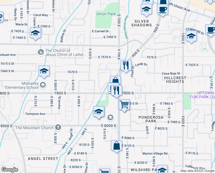 map of restaurants, bars, coffee shops, grocery stores, and more near 7731 Briarsprings Drive in Midvale
