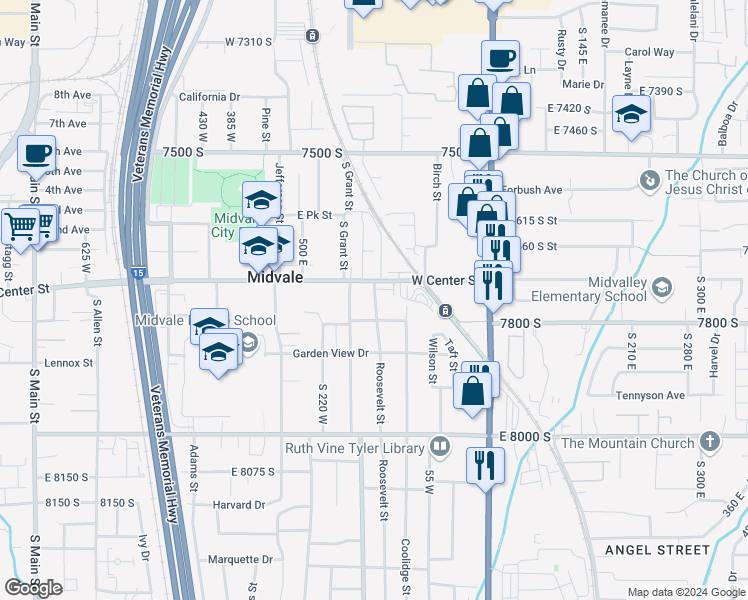 map of restaurants, bars, coffee shops, grocery stores, and more near in Midvale
